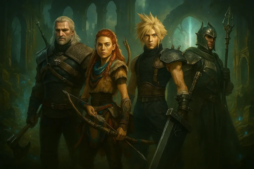 Iconic RPG PlayStation characters – Geralt, Aloy, Cloud Strife, and Dragon Age hero in cinematic fantasy artwork for PS Plus Extra 