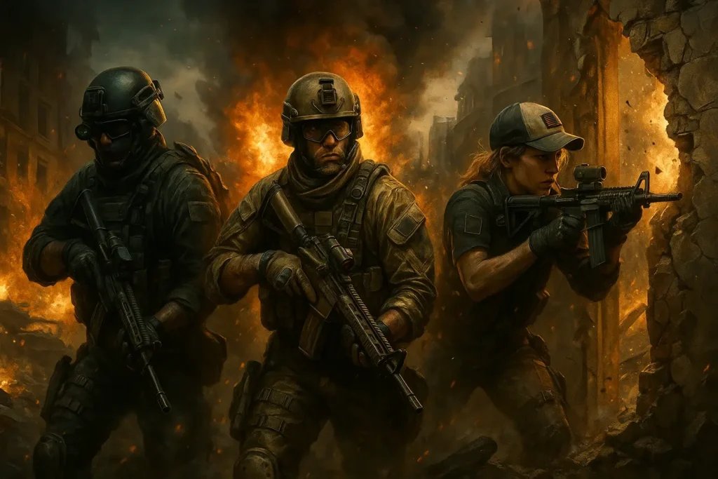 A cinematic digital painting in 1024x579 resolution showcasing iconic PlayStation shooter characters in a realistic warzone. Include a Call of Duty soldier in modern tactical gear with night-vision goggles and M4 rifle, a Battlefield operator in desert camo with a high-tech helmet and SCAR rifle, and a Rainbow Six Siege operative (like Ash or Thermite) breaching a wall with C4 and tactical equipment. Explosions in the background, urban ruins, smoke and fire around, with intense lighting and motion effects. Each character should be clearly inspired by their respective game and placed in action-focused, dramatic poses. 