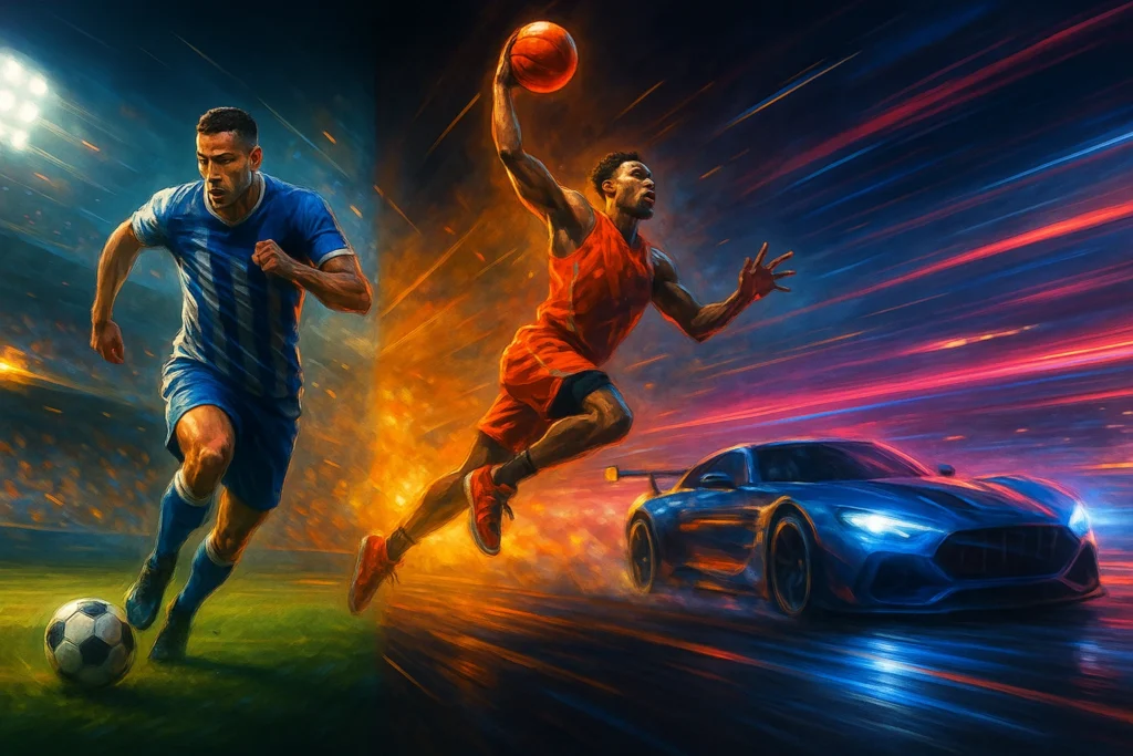 PlayStation sports and racing games – football player, basketball dunk, and racing car in a cinematic artwork for PS Plus Extra 